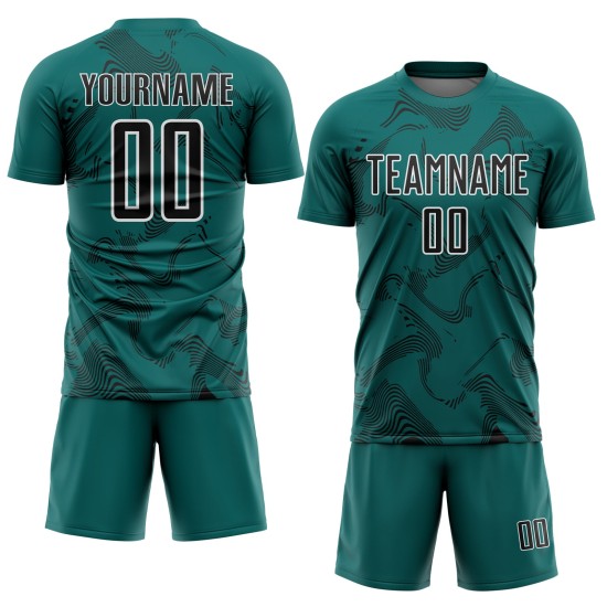 Sports Custom Jersey Curve Soccer Teal Lines Uniform Sublimation Black-White Sports Custom Jersey Curve Soccer Teal Lines Uniform Sublimation Black-White