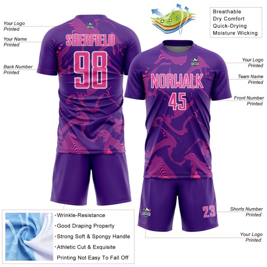 Lines Soccer Uniform Pink-White Jersey Custom Sports Sublimation Curve Purple Lines Soccer Uniform Pink-White Jersey Custom Sports Sublimation Curve Purple