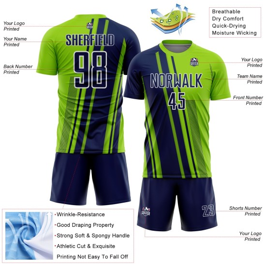 Navy-White Sports Uniform Soccer Neon Jersey Sublimation Lines Custom Green Navy-White Sports Uniform Soccer Neon Jersey Sublimation Lines Custom Green