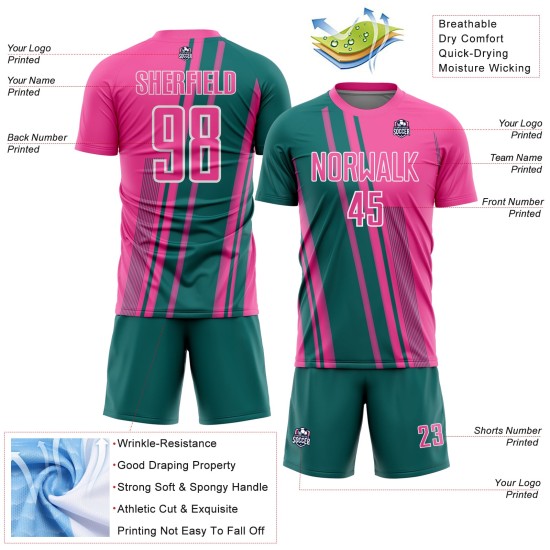 Soccer Custom Jersey Sports Sublimation Teal-White Pink Lines Uniform Soccer Custom Jersey Sports Sublimation Teal-White Pink Lines Uniform