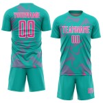Custom Uniform Aqua Sublimation Curve Lines Jersey Pink-White Soccer Sports