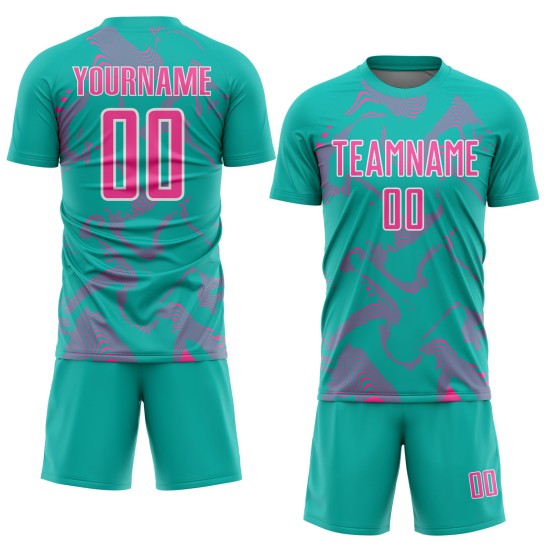 Custom Uniform Aqua Sublimation Curve Lines Jersey Pink-White Soccer Sports