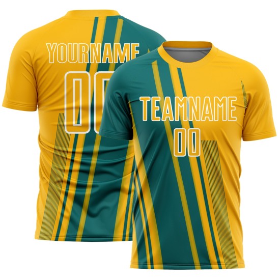 Teal-White Sports Soccer Uniform Sublimation Lines Gold Jersey Custom Teal-White Sports Soccer Uniform Sublimation Lines Gold Jersey Custom