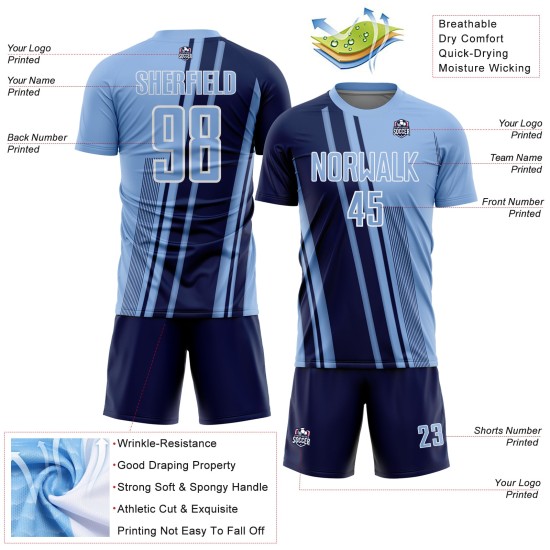 Custom Light Blue Sports Uniform Jersey Soccer Lines Navy-White Sublimation Custom Light Blue Sports Uniform Jersey Soccer Lines Navy-White Sublimation