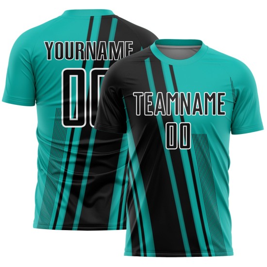 Black-White Aqua Uniform Lines Soccer Sports Jersey Custom Sublimation Black-White Aqua Uniform Lines Soccer Sports Jersey Custom Sublimation
