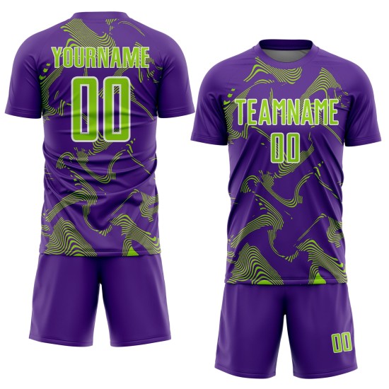 Custom Neon Green-White Purple Uniform Soccer Sports Curve Jersey Lines Sublimation