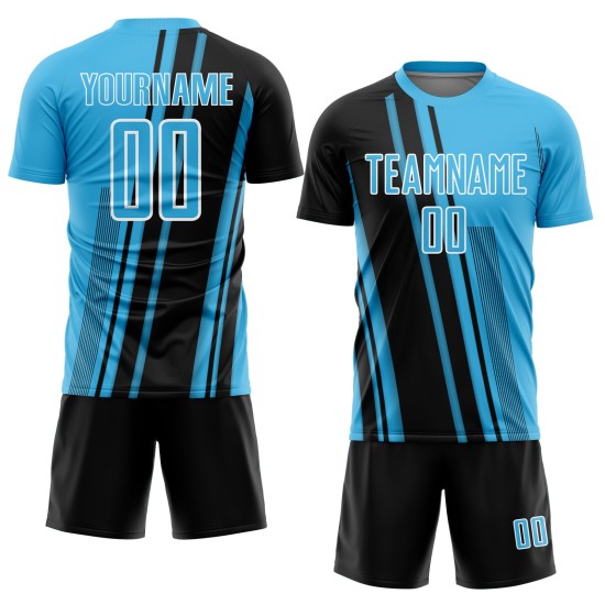 Jersey Blue Soccer Sublimation Sky Lines Black-White Sports Custom Uniform