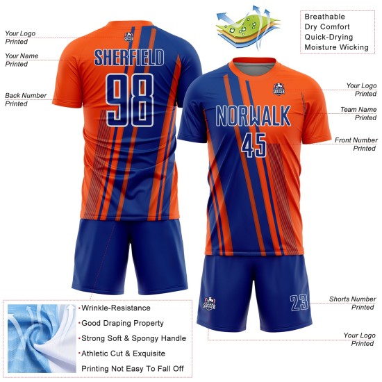 Sublimation Soccer Royal-White Orange Lines Jersey Custom Uniform Sports Sublimation Soccer Royal-White Orange Lines Jersey Custom Uniform Sports