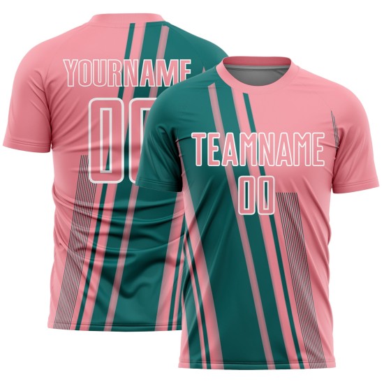 Sublimation Lines Medium Sports Teal-White Uniform Pink Jersey Custom Soccer Sublimation Lines Medium Sports Teal-White Uniform Pink Jersey Custom Soccer