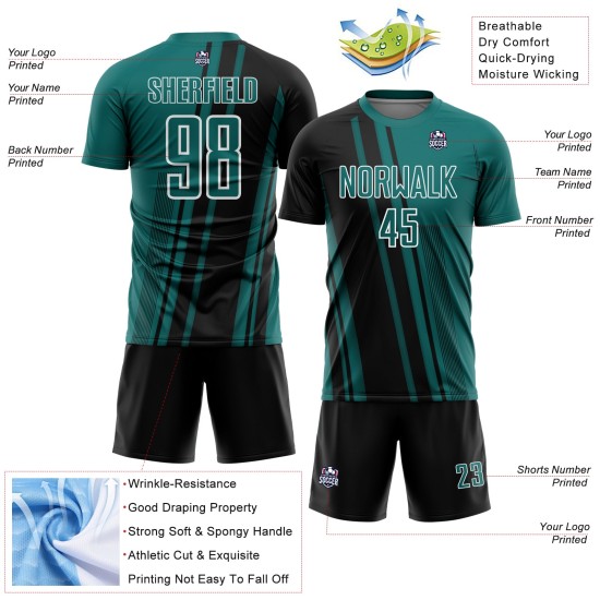 Custom Sports Soccer Teal Lines Jersey Uniform Black-White Sublimation
