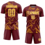 Curve Uniform Sports Custom Gold-White Soccer Burgundy Sublimation Lines Jersey Curve Uniform Sports Custom Gold-White Soccer Burgundy Sublimation Lines Jersey