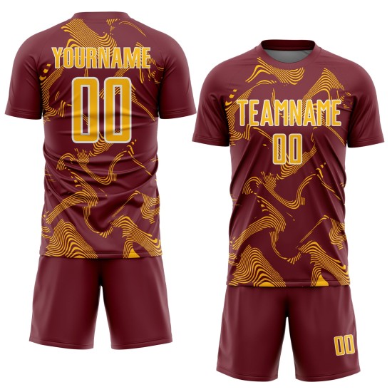 Curve Uniform Sports Custom Gold-White Soccer Burgundy Sublimation Lines Jersey Curve Uniform Sports Custom Gold-White Soccer Burgundy Sublimation Lines Jersey