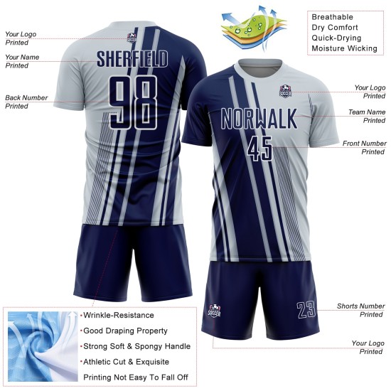 Custom Silver Uniform Lines Navy-White Jersey Sports Soccer Sublimation Custom Silver Uniform Lines Navy-White Jersey Sports Soccer Sublimation