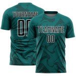 Sports Custom Jersey Curve Soccer Teal Lines Uniform Sublimation Black-White Sports Custom Jersey Curve Soccer Teal Lines Uniform Sublimation Black-White