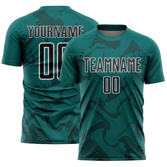Sports Custom Jersey Curve Soccer Teal Lines Uniform Sublimation Black-White Sports Custom Jersey Curve Soccer Teal Lines Uniform Sublimation Black-White