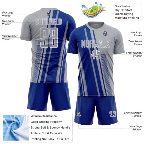 Jersey Soccer Custom Sublimation Royal-White Sports Gray Uniform Lines Jersey Soccer Custom Sublimation Royal-White Sports Gray Uniform Lines