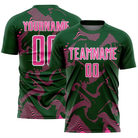 Sports Green Sublimation Pink-White Jersey Custom Soccer Uniform Lines Curve Sports Green Sublimation Pink-White Jersey Custom Soccer Uniform Lines Curve