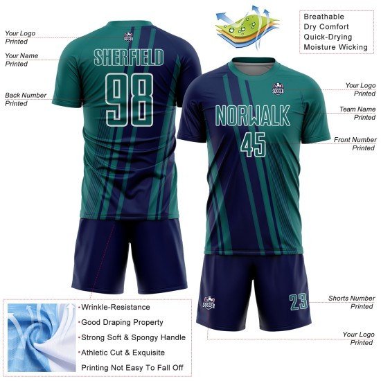Custom Navy-White Teal Sports Sublimation Lines Jersey Uniform Soccer Custom Navy-White Teal Sports Sublimation Lines Jersey Uniform Soccer