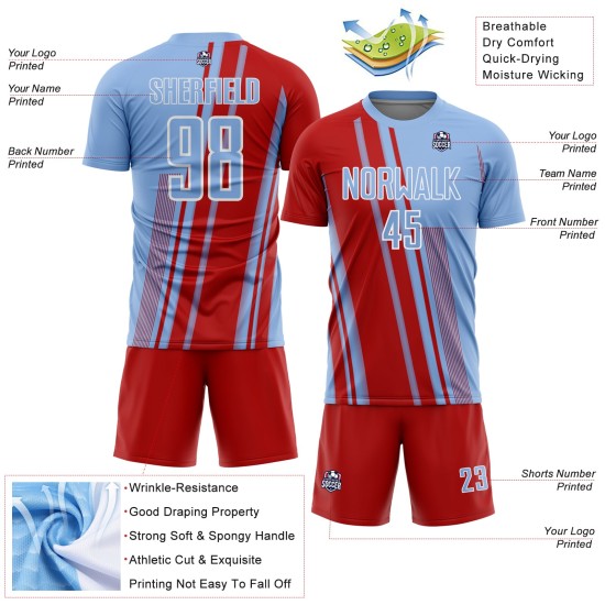 Blue Soccer Sports Light Sublimation Uniform Red-White Custom Lines Jersey Blue Soccer Sports Light Sublimation Uniform Red-White Custom Lines Jersey