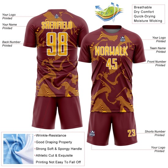 Curve Uniform Sports Custom Gold-White Soccer Burgundy Sublimation Lines Jersey Curve Uniform Sports Custom Gold-White Soccer Burgundy Sublimation Lines Jersey