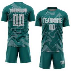 Curve Sports Sublimation Teal Jersey Gray-White Lines Soccer Custom Uniform Curve Sports Sublimation Teal Jersey Gray-White Lines Soccer Custom Uniform