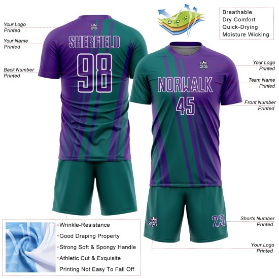 Uniform Sports Jersey Sublimation Teal-White Soccer Custom Lines Purple Uniform Sports Jersey Sublimation Teal-White Soccer Custom Lines Purple