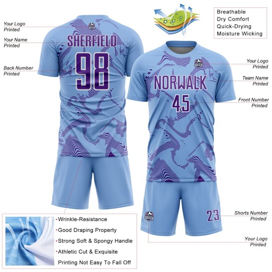 Curve Light Purple-White Sublimation Blue Sports Soccer Uniform Lines Custom Jersey Curve Light Purple-White Sublimation Blue Sports Soccer Uniform Lines Custom Jersey